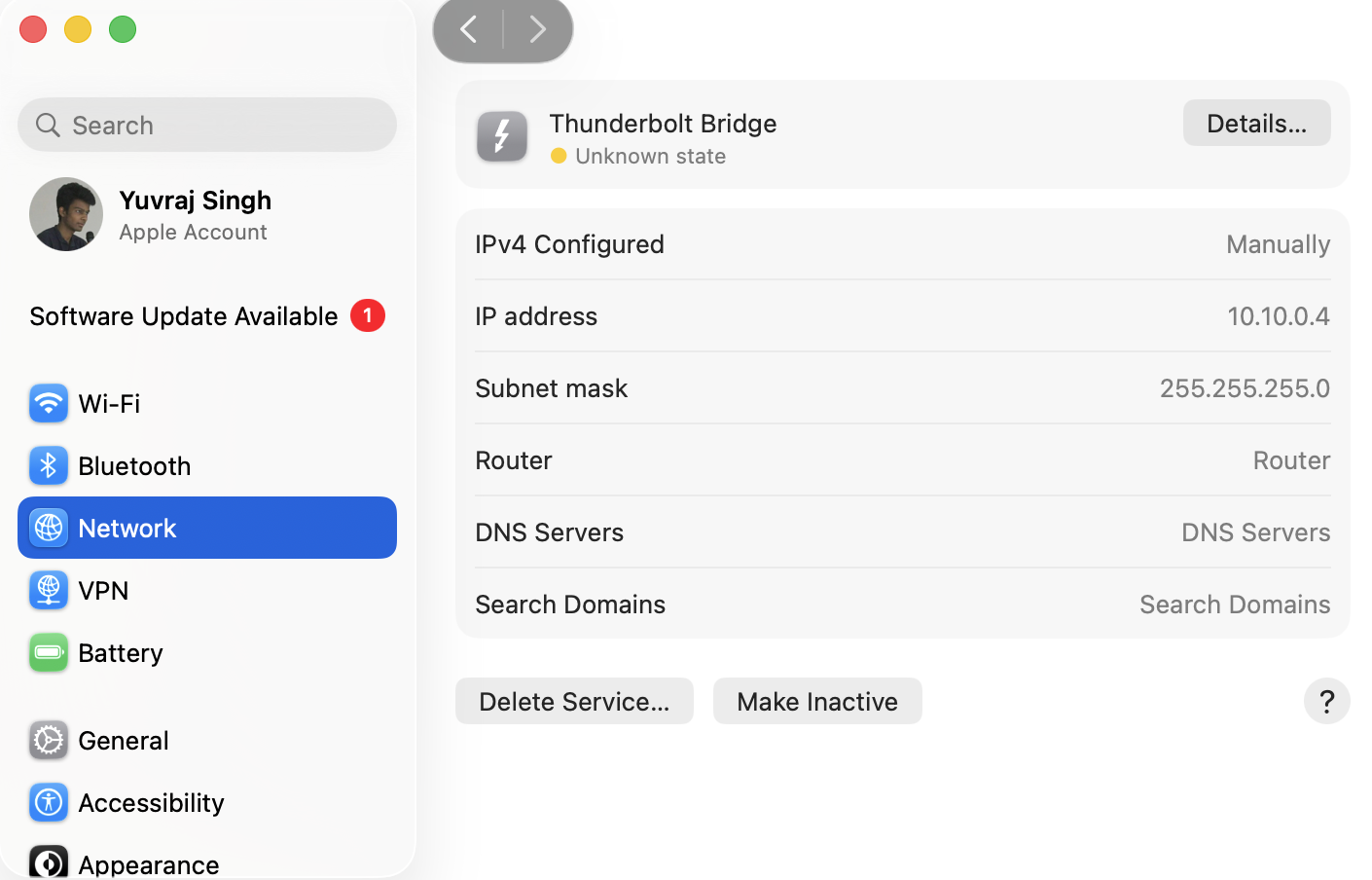 Thunderbolt cluster TCP IP settings panel